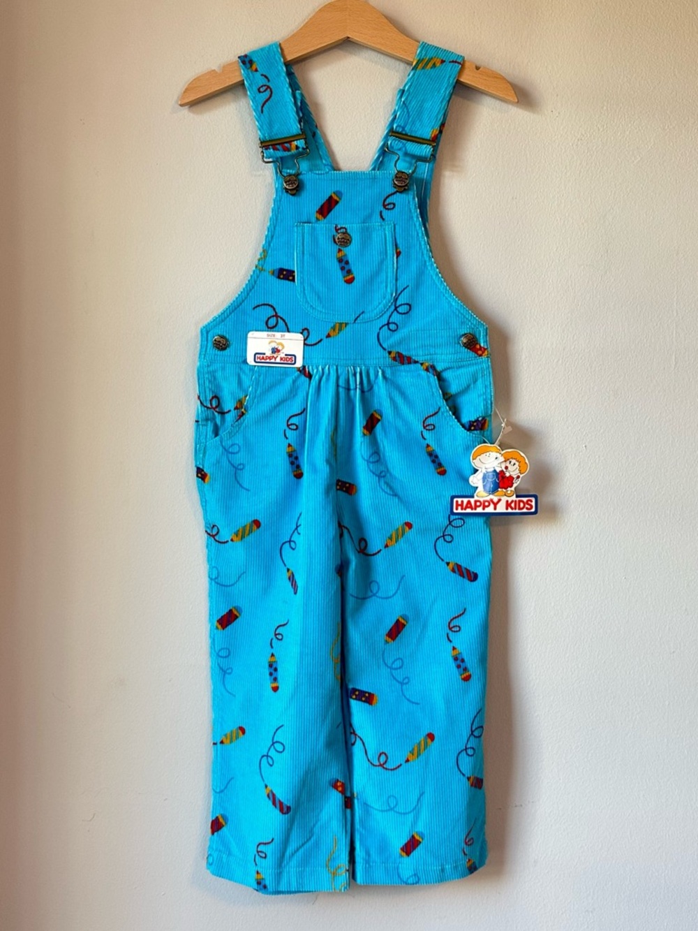 90’s Happy Kids Blue Corduroy Crayon Print Overalls Size 3T NWT